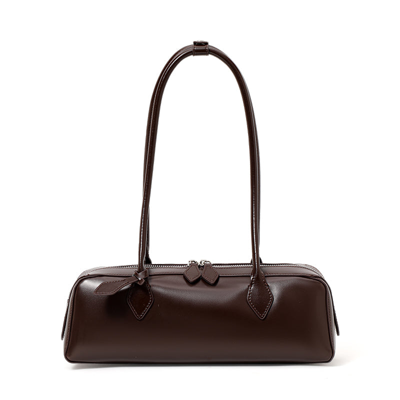 Genuine Cowhide Womens Underarm Shoulder Bag,Smooth Glossy Barrel Handbag,Burgundy Vintage Commute Cylinder Purse