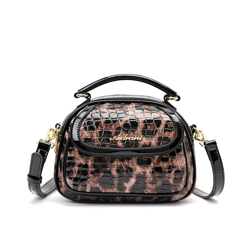 Genuine Cowhide Crocodile Leopard Print Womens Mini Oval Handbag,Glossy Multi Compartment Adjustable Crossbody Shoulder Bag