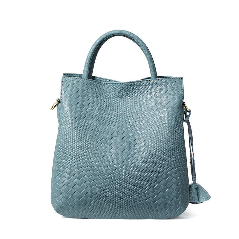 Genuine Cowhide Womens Woven Tote Handbag,Multi Color Vertical Shoulder Purse,Detachable Crossbody Strap Large Capacity Daily Bag