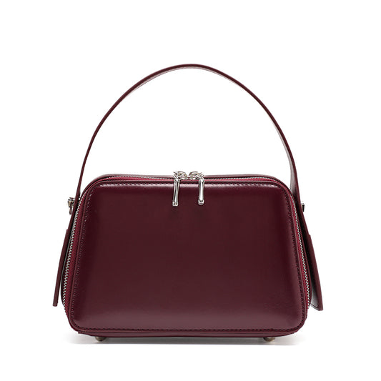 Genuine Smooth Cowhide Women's Box Bag, Multi-Compartment Square Purse, Detachable Strap Burgundy Vintage Crossbody Handbag