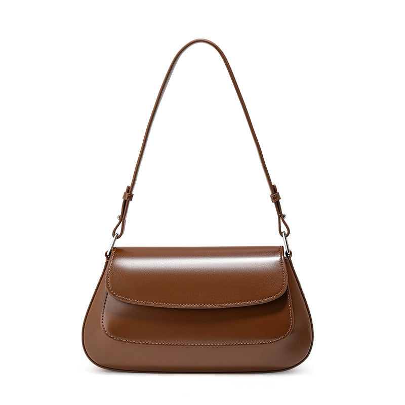 Genuine Cowhide Womens Underarm Crossbody Bag,Glossy Plain Leather Flap Long Purse,Adjustable Strap Vintage Commute Handbag