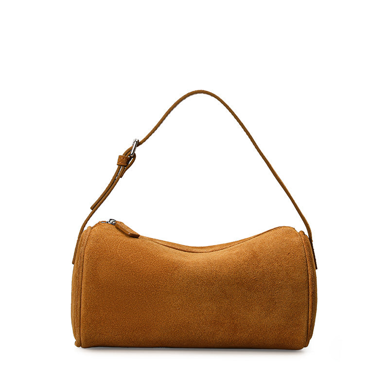 Genuine Cowhide Womens Bag,Suede Cylindrical Mini Underarm Purse,Adjustable Strap Vintage Daily Crossbody Shoulder Bag