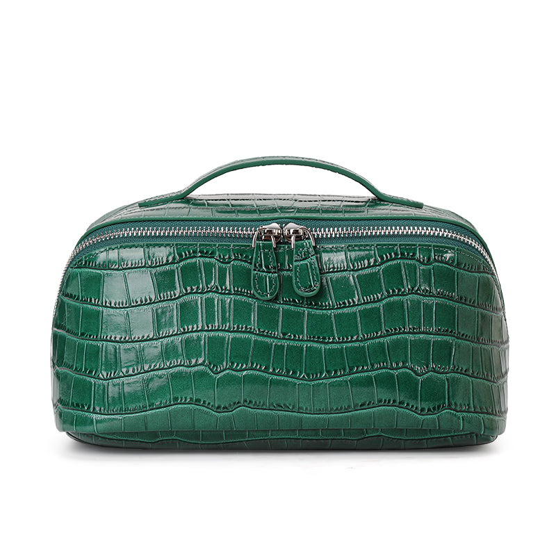Genuine Cowhide Womens Cosmetic Bag,Crocodile Embossed Rounded Structured Handheld Large Capacity Multi Compartment Travel Toiletry Pouch