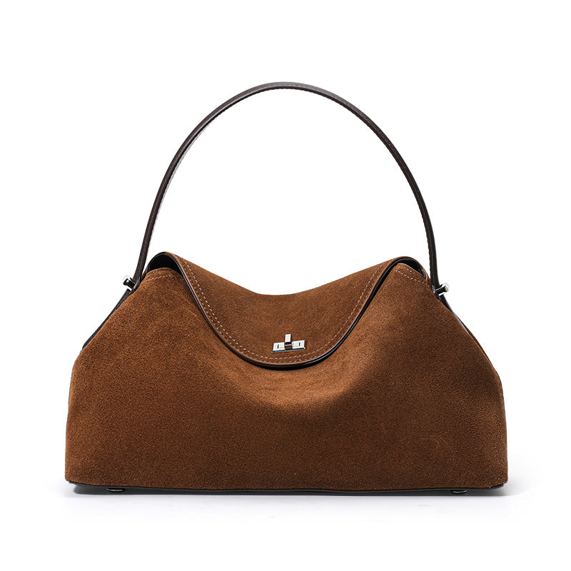 Genuine Cowhide Womens Bag,Suede Flap Hobo Underarm Handbag,Multi Pocket Vintage Daily Shoulder Purse