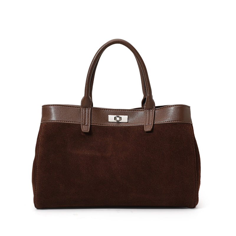 Genuine Cowhide,Suede Mix Grain,Lock Handbag,Vintage Adjustable Crossbody Bag,Hand Shoulder Carry,Daily Leisure Trip