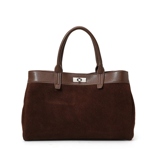 Genuine Cowhide, Suede Mix Grain, Lock Handbag, Vintage Adjustable Crossbody Bag, Hand Shoulder Carry, Daily Leisure Trip