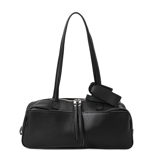 Genuine Cowhide Women's Underarm Shoulder Bag, Pebbled Grain Double Zip Pillow Purse, Multi-Compartment Daily Commute Handbag