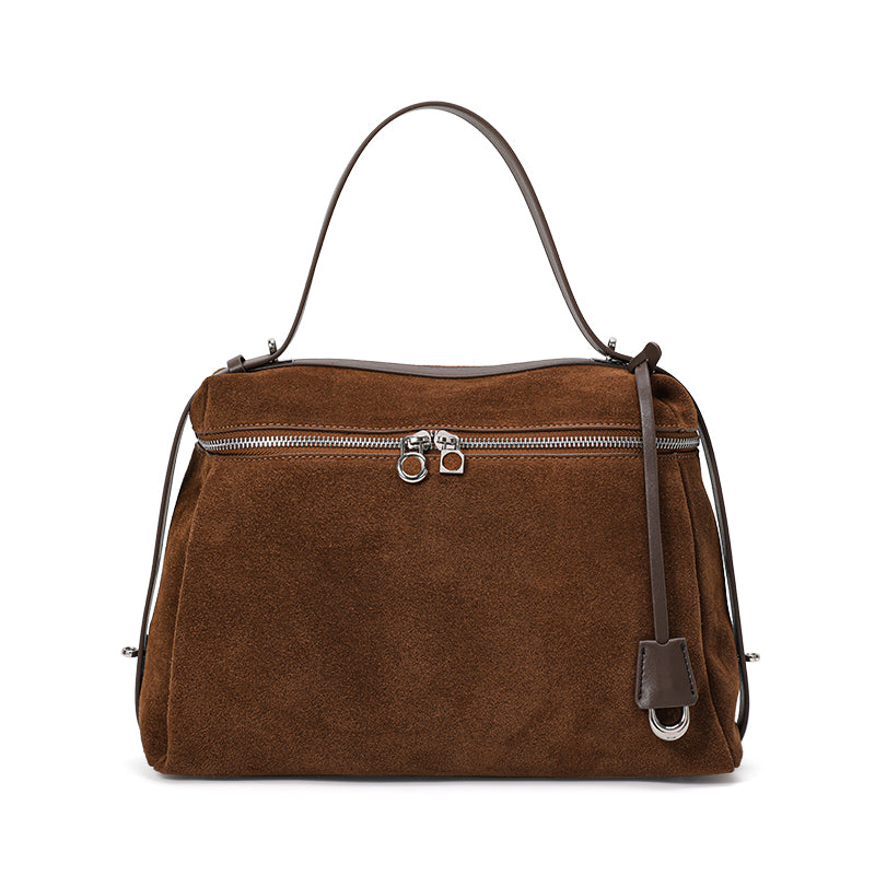 Genuine Suede Cowhide Womens Handheld Bag,Soft Horizontal Tote,Multi Compartment Vintage Daily Shoulder Purse