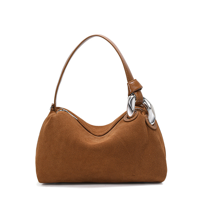 Genuine Suede Cowhide Womens Hobo Bag,Curved Crescent Handheld Purse,Detachable Strap Retro Caramel Coffee Crossbody Bag