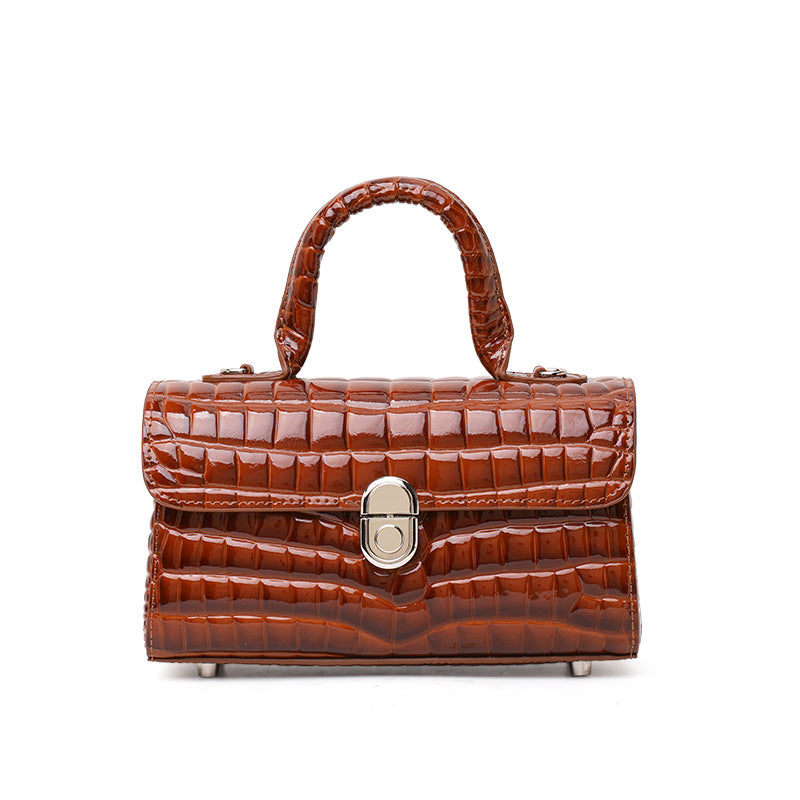 Genuine Cowhide Womens Handbag,Glossy Crocodile Embossed Mini Box Bag,Flip Lock Detachable Strap Crossbody Purse