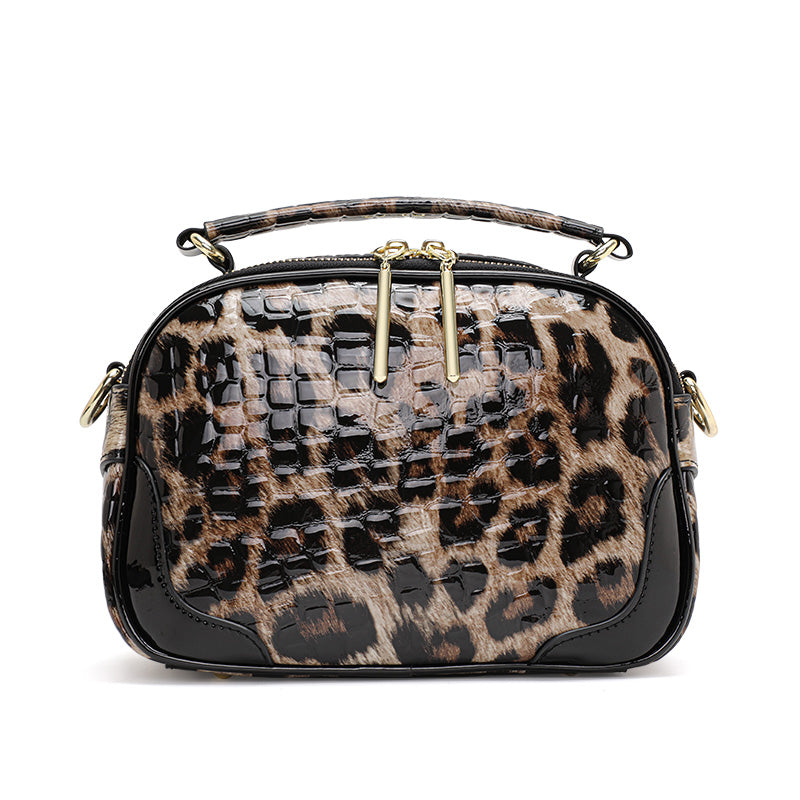 Top Layer Cowhide Women Crossbody Bag,Glossy Croc Leopard Print Mini Oval Camera Bag Adjustable Strap Multi Pocket