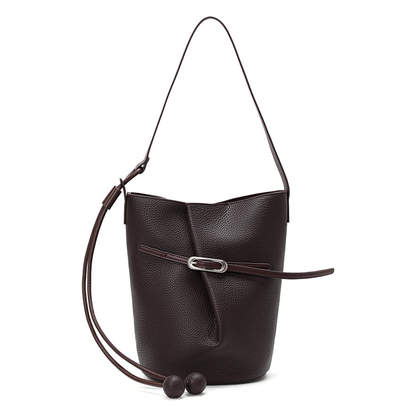 Genuine Cowhide Womens Bag,Pebbled Vertical Bucket Shoulder Bag,Drawstring Decor Matching Fabric Pouch Minimalist Crossbody Purse