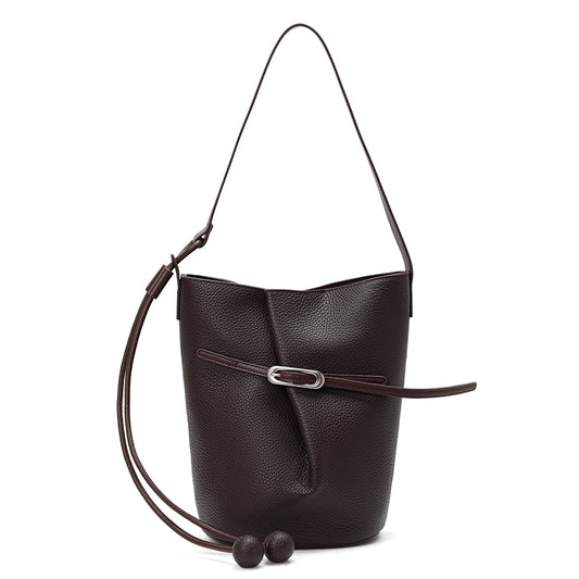 Genuine Cowhide Women's Bag, Pebbled Vertical Bucket Shoulder Bag, Drawstring Decor Matching Fabric Pouch Minimalist Crossbody Purse