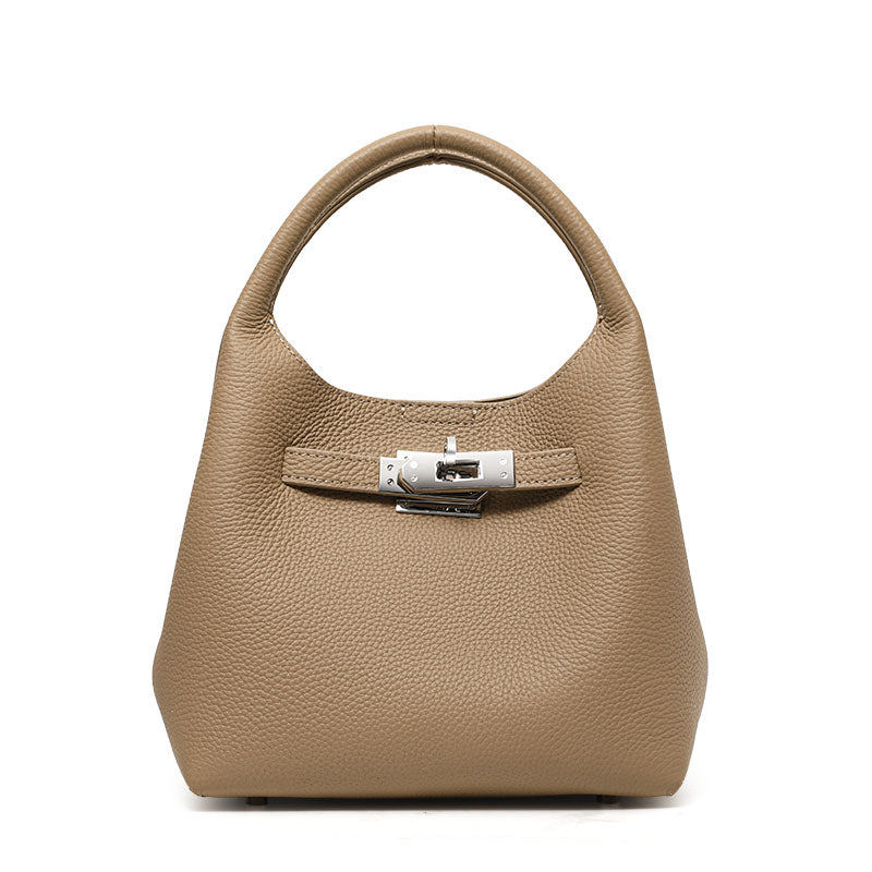 Genuine leather basket bucket bag for women, shoulder bag, crossbody bag, commuter bag, large capacity, fashionable and trendy.