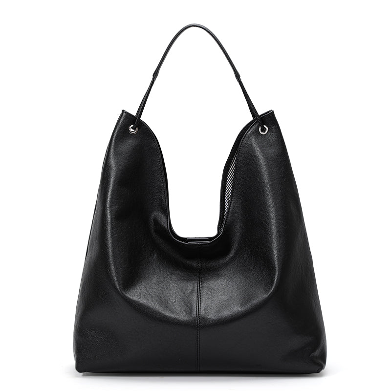 Genuine Cowhide Women's Bag, Grain Soft U-Shape Tote, Detachable Storage Pouch, Multi-Compartment Large Commuter Shoulder Handbag