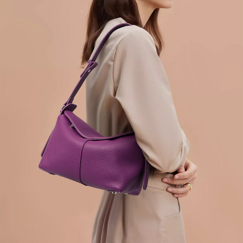 Genuine Cowhide Pebbled Horizontal Hobo Shoulder Bag,Adjustable Strap Extension Magnetic Flap Multi Compartment Womens Two Way Carry Purse