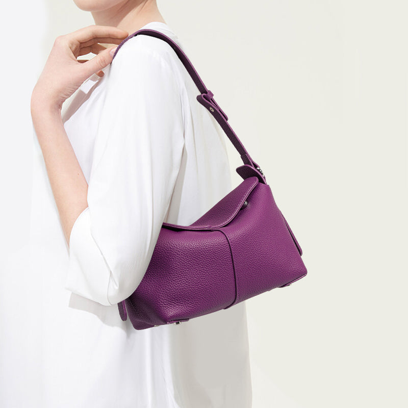 Genuine Cowhide Pebbled Horizontal Hobo Shoulder Bag,Adjustable Strap Extension Magnetic Flap Multi Compartment Womens Two Way Carry Purse