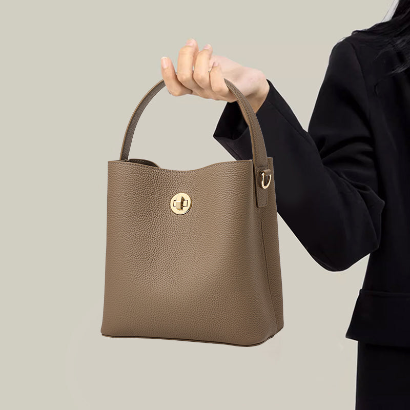 Genuine Cowhide Lightweight Bucket Handbag,Detachable Wide Narrow Straps Twist Lock Simple Everyday Womens Handheld Shoulder Crossbody Bag