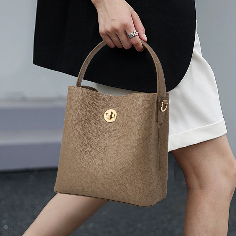 Genuine Cowhide Lightweight Bucket Handbag,Detachable Wide Narrow Straps Twist Lock Simple Everyday Womens Handheld Shoulder Crossbody Bag