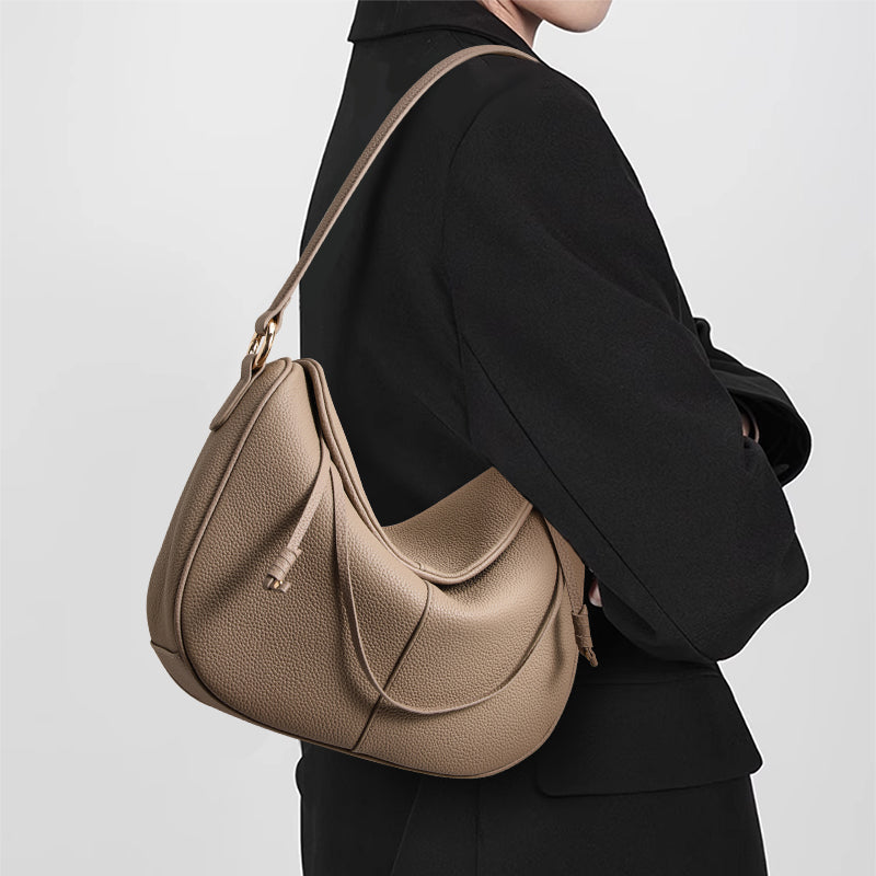 Genuine Cowhide Pebbled Crescent Hobo Shoulder Bag,Detachable Adjustable Cross Strap Magnetic Flap Multi Compartment Womens Two Way Carry Purse