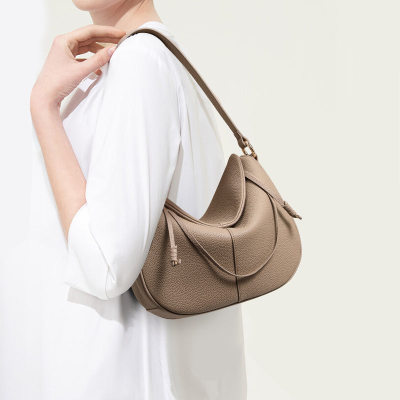 Genuine Cowhide Pebbled Crescent Hobo Shoulder Bag,Detachable Adjustable Cross Strap Magnetic Flap Multi Compartment Womens Two Way Carry Purse