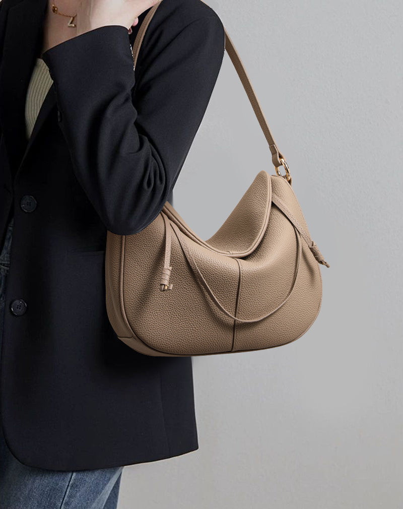 Genuine Cowhide Pebbled Crescent Hobo Shoulder Bag,Detachable Adjustable Cross Strap Magnetic Flap Multi Compartment Womens Two Way Carry Purse