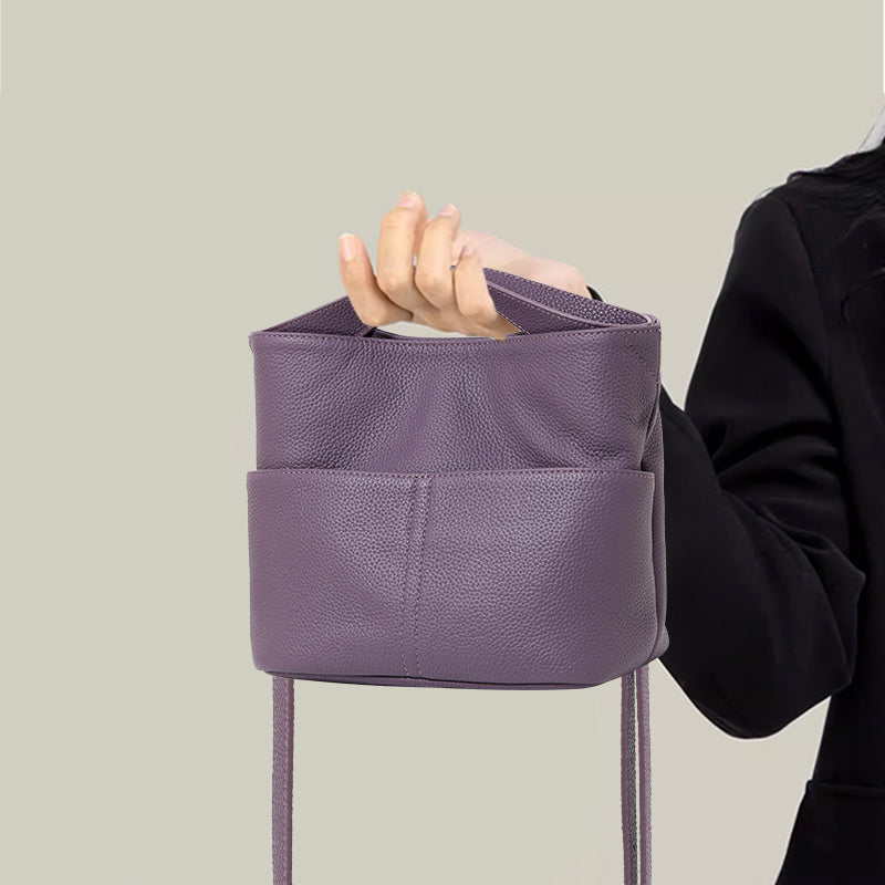 Genuine Cowhide Lightweight Mini Tote Handbag,Adjustable Shoulder Strap Open Top Multi Layer Storage Minimal Daily Womens Crossbody Bucket Bag