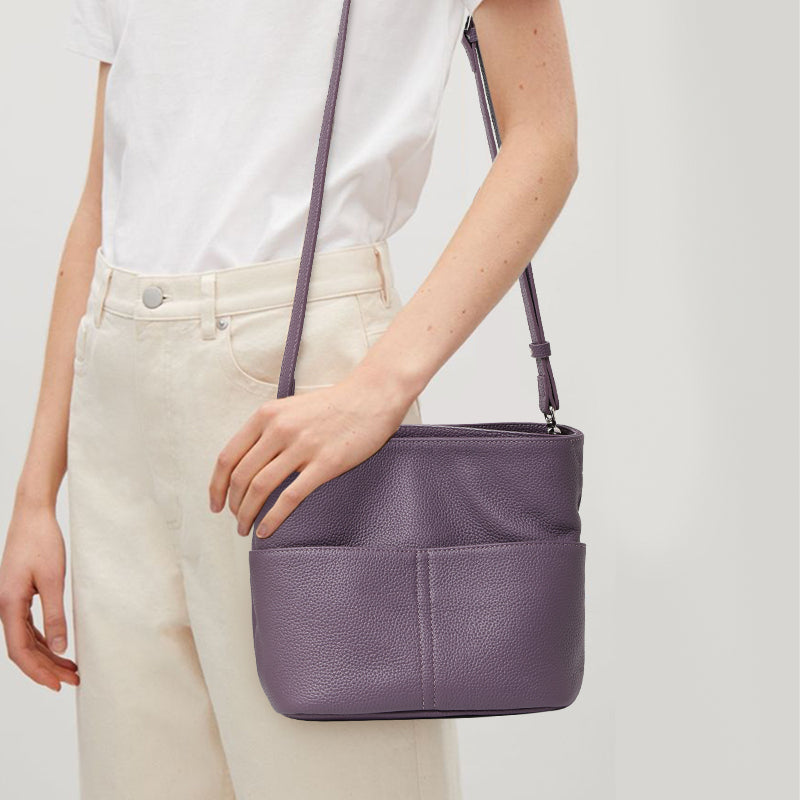 Genuine Cowhide Lightweight Mini Tote Handbag,Adjustable Shoulder Strap Open Top Multi Layer Storage Minimal Daily Womens Crossbody Bucket Bag