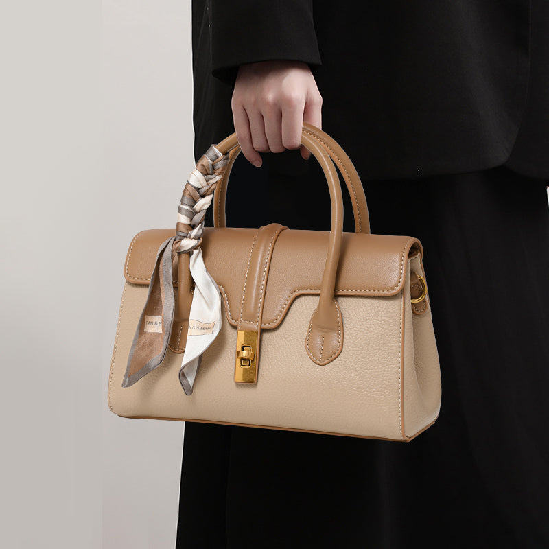 Genuine Cowhide Two Tone Pebbled Flap Handbag,Detachable Adjustable Crossbody Strap Twist Lock Multi Compartment Womens Two Way Carry Purse