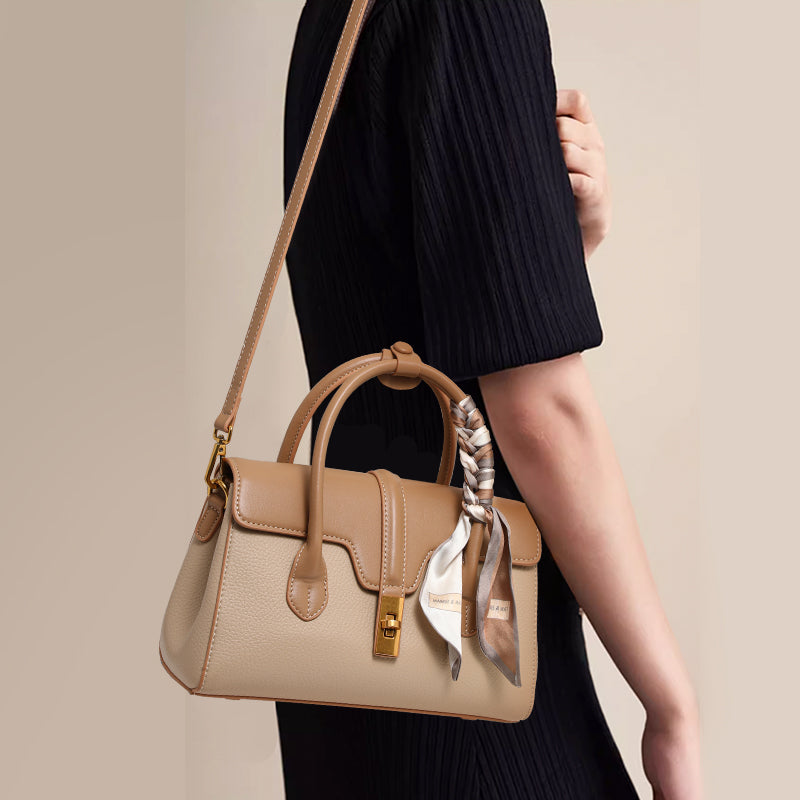Genuine Cowhide Two Tone Pebbled Flap Handbag,Detachable Adjustable Crossbody Strap Twist Lock Multi Compartment Womens Two Way Carry Purse