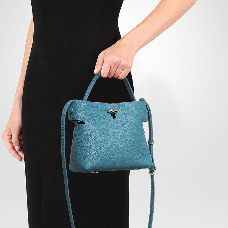Genuine Cowhide Pebbled Mini Bucket Handbag,Detachable Adjustable Crossbody Strap Twist Lock Multi Compartment Womens Two Way Carry Purse