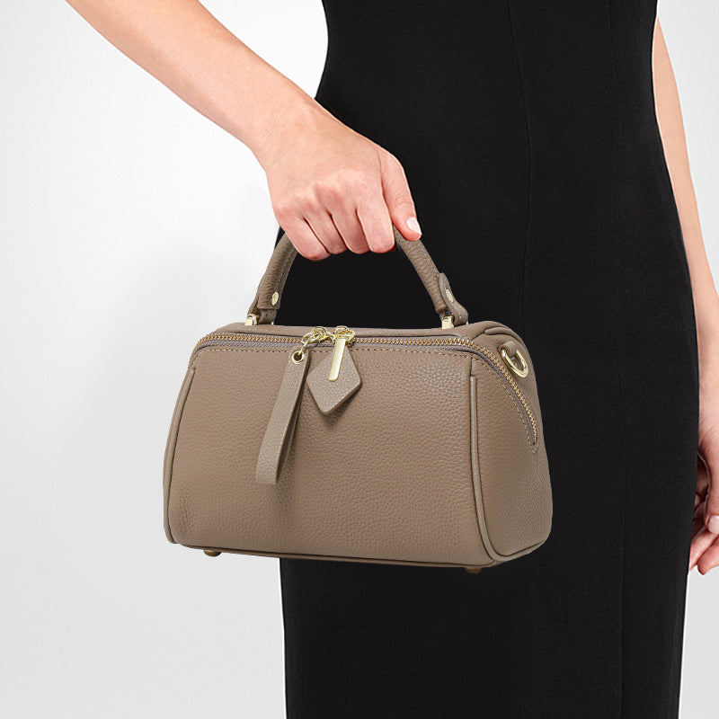 Genuine Cowhide Pebbled Mini Pillow Handbag,Adjustable Detachable Crossbody Strap Double Zipper Multi Compartment Womens Two Way Carry Purse