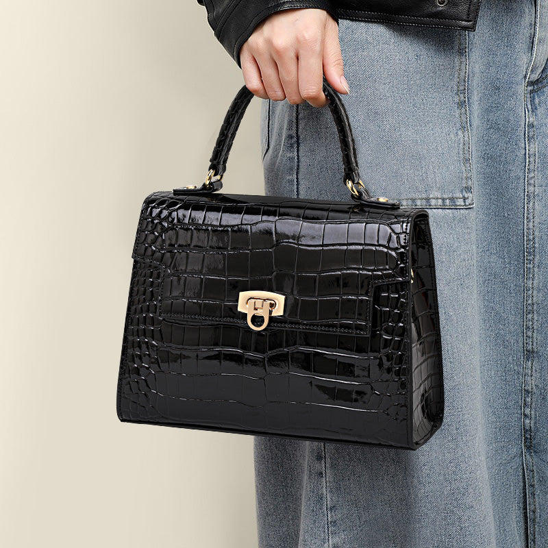 Genuine Cowhide Glossy Crocodile Embossed Flap Handbag,Detachable Crossbody Strap Twist Lock Multi Compartment Womens Two Way Carry Square Purse