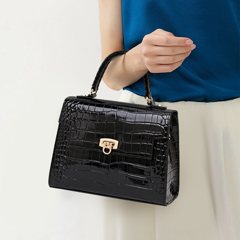 Genuine Cowhide Glossy Crocodile Embossed Flap Handbag,Detachable Crossbody Strap Twist Lock Multi Compartment Womens Two Way Carry Square Purse
