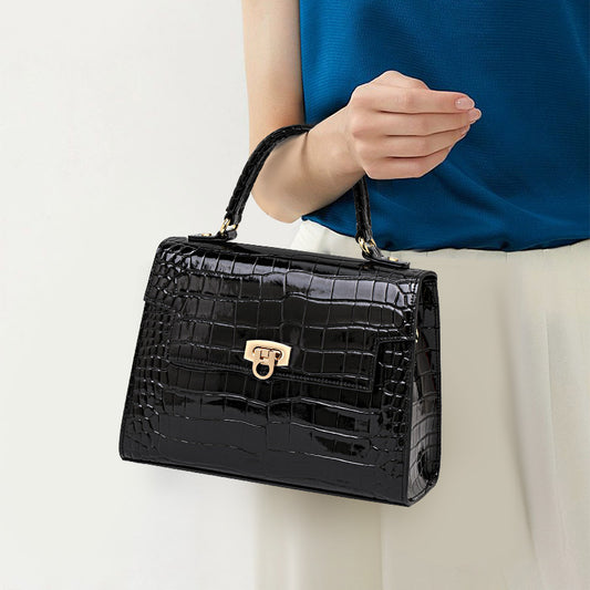 Genuine Cowhide Glossy Crocodile Embossed Flap Handbag,Detachable Crossbody Strap Twist Lock Multi Compartment Womens Two Way Carry Square Purse