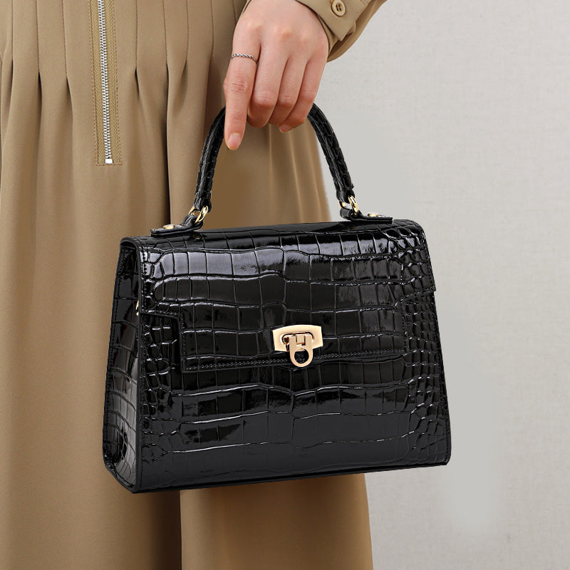 Genuine Cowhide Glossy Crocodile Embossed Flap Handbag,Detachable Crossbody Strap Twist Lock Multi Compartment Womens Two Way Carry Square Purse