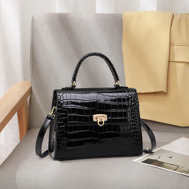 Genuine Cowhide Glossy Crocodile Embossed Flap Handbag,Detachable Crossbody Strap Twist Lock Multi Compartment Womens Two Way Carry Square Purse