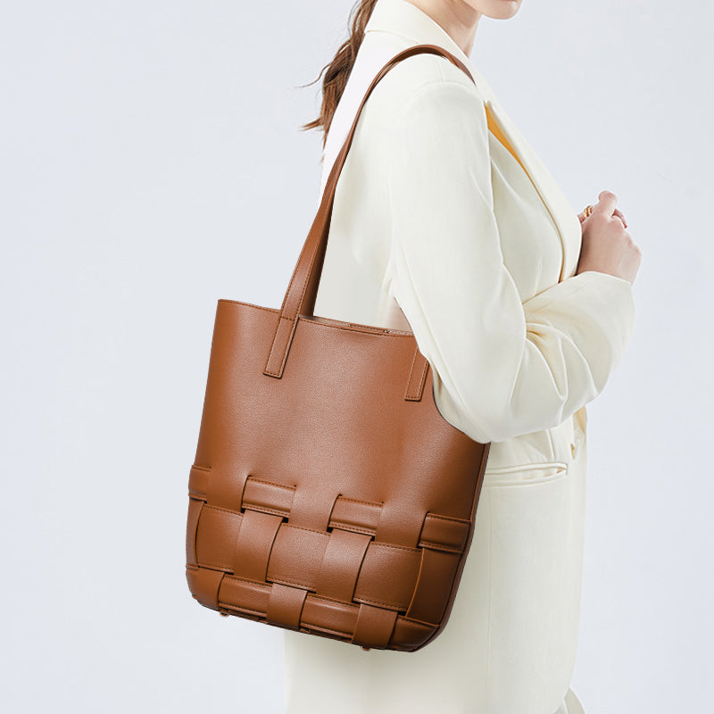 Genuine Cowhide Vertical Woven Bucket Tote Handbag,Detachable Zipper Storage Pouch Multi Layer Pocket Magnetic Snap Womens Daily Commute Shoulder Purse