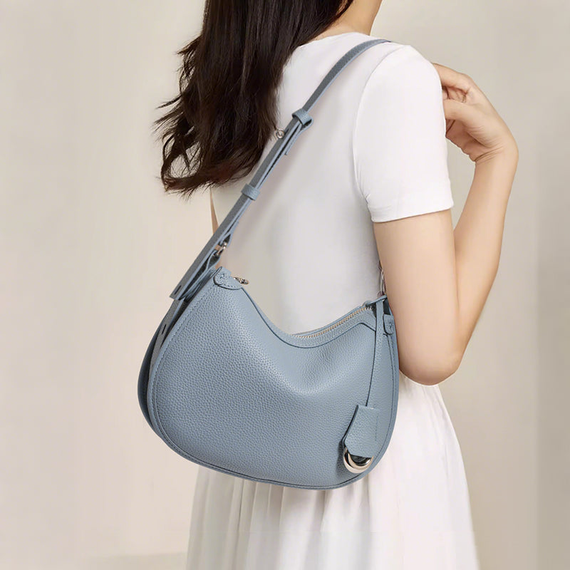 Genuine Cowhide Grain Crescent Hobo Bag,Dual Adjustable Leather Straps Multi Compartment Womens Crossbody Shoulder Purse