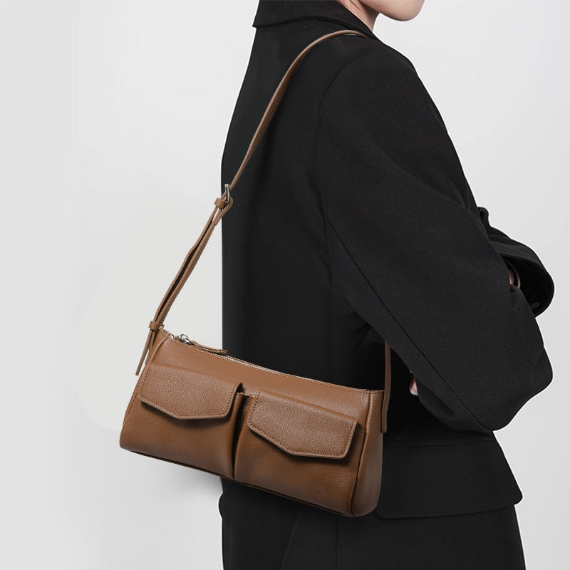 Genuine Cowhide Textured Rectangle Shoulder Bag Women,Adjustable Leather Crossbody Strap Multi Pocket Lightweight Office Handbag