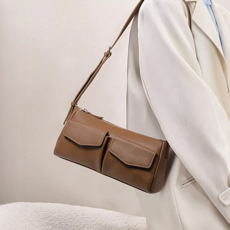 Genuine Cowhide Textured Rectangle Shoulder Bag Women,Adjustable Leather Crossbody Strap Multi Pocket Lightweight Office Handbag