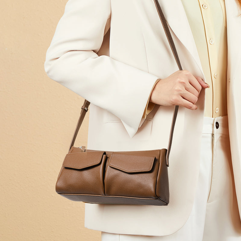Genuine Cowhide Textured Rectangle Shoulder Bag Women,Adjustable Leather Crossbody Strap Multi Pocket Lightweight Office Handbag