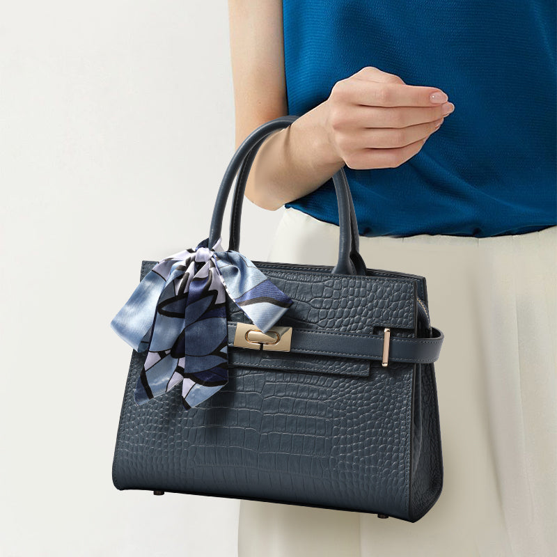 Genuine Cowhide Crocodile Embossed Womens Structured Handbag,Detachable Leather Shoulder Strap Multi Compartment Bag With Decorative Silk Scarf