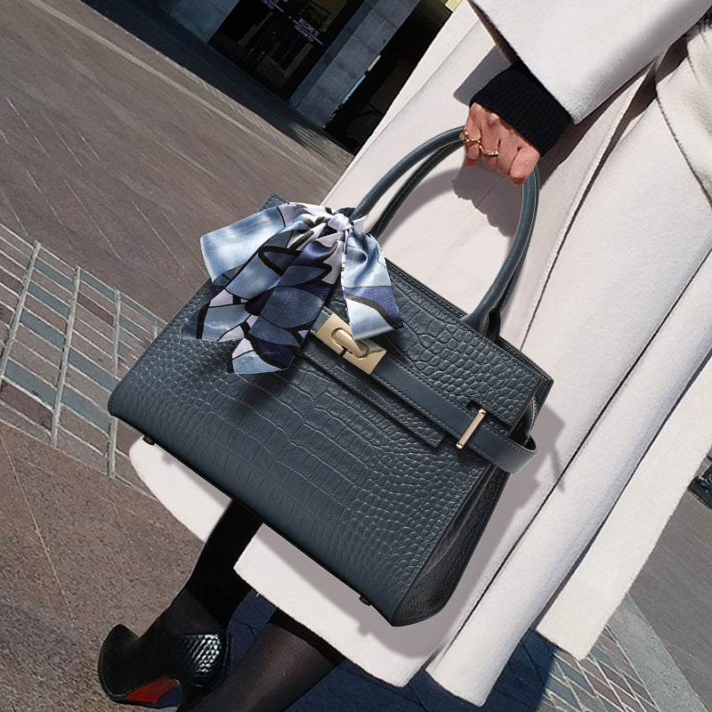 Genuine Cowhide Crocodile Embossed Womens Structured Handbag,Detachable Leather Shoulder Strap Multi Compartment Bag With Decorative Silk Scarf