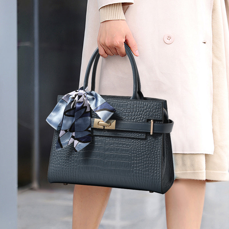 Genuine Cowhide Crocodile Embossed Womens Structured Handbag,Detachable Leather Shoulder Strap Multi Compartment Bag With Decorative Silk Scarf