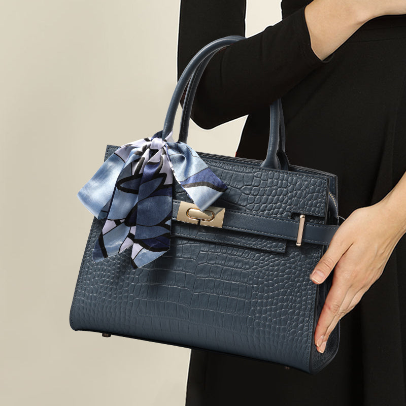 Genuine Cowhide Crocodile Embossed Womens Structured Handbag,Detachable Leather Shoulder Strap Multi Compartment Bag With Decorative Silk Scarf