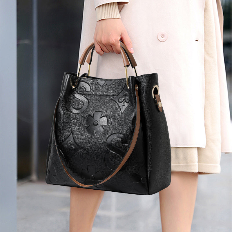Genuine Cowhide Embossed Floral Large Soft Tote Handbag Women Detachable Wide Shoulder Strap Multi Pocket Daily Commute Travel Bag With Matching Pouch