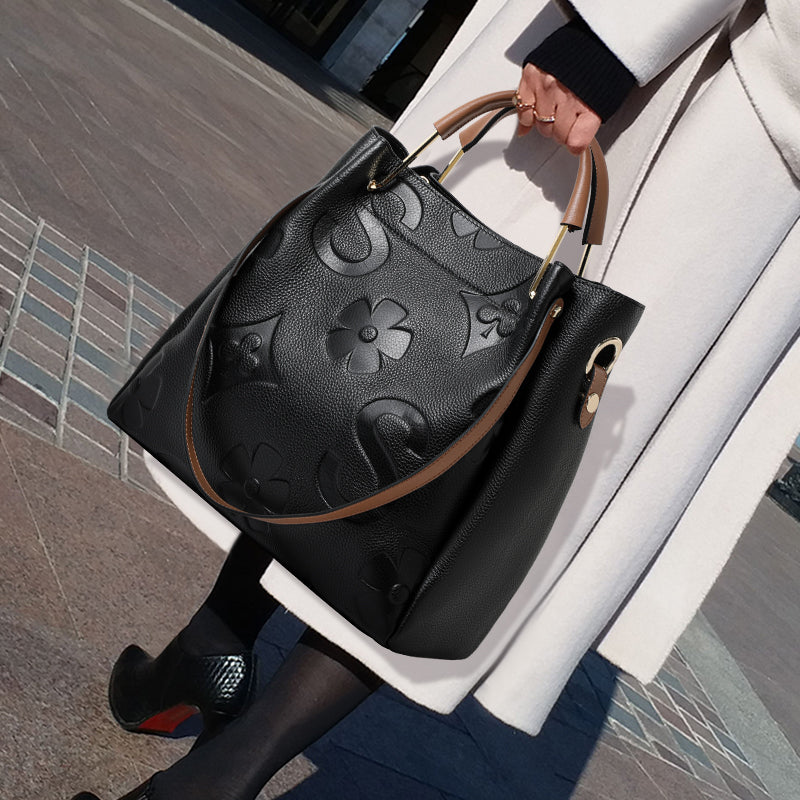 Genuine Cowhide Embossed Floral Large Soft Tote Handbag Women Detachable Wide Shoulder Strap Multi Pocket Daily Commute Travel Bag With Matching Pouch