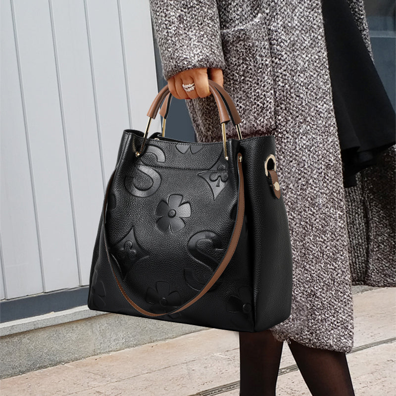 Genuine Cowhide Embossed Floral Large Soft Tote Handbag Women Detachable Wide Shoulder Strap Multi Pocket Daily Commute Travel Bag With Matching Pouch