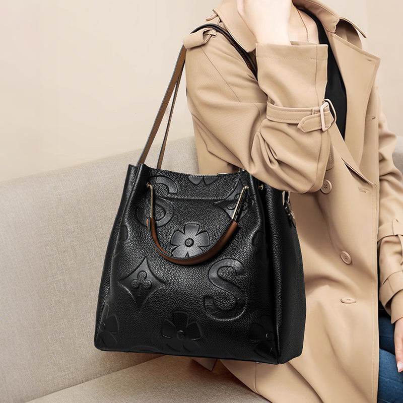 Genuine Cowhide Embossed Floral Large Soft Tote Handbag Women Detachable Wide Shoulder Strap Multi Pocket Daily Commute Travel Bag With Matching Pouch